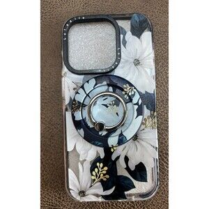 iPhone 15 Pro Case With Stand Boho Floral Magnetic Navy Blue White Feminine